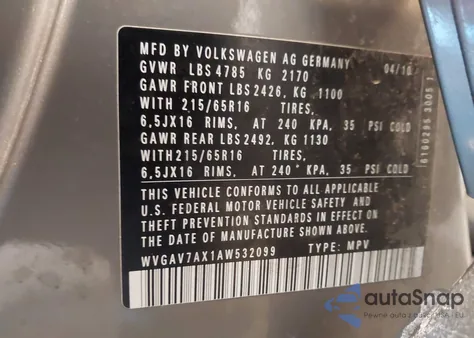 2010 Volkswagen Tiguan S z USA, uszkodzony, nr VIN WVGAV7AX1AW532099